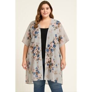 Hibluco Floral Flowy Sheer Kimono Cardigan Lightweight Open Front Cover-Up 2XL